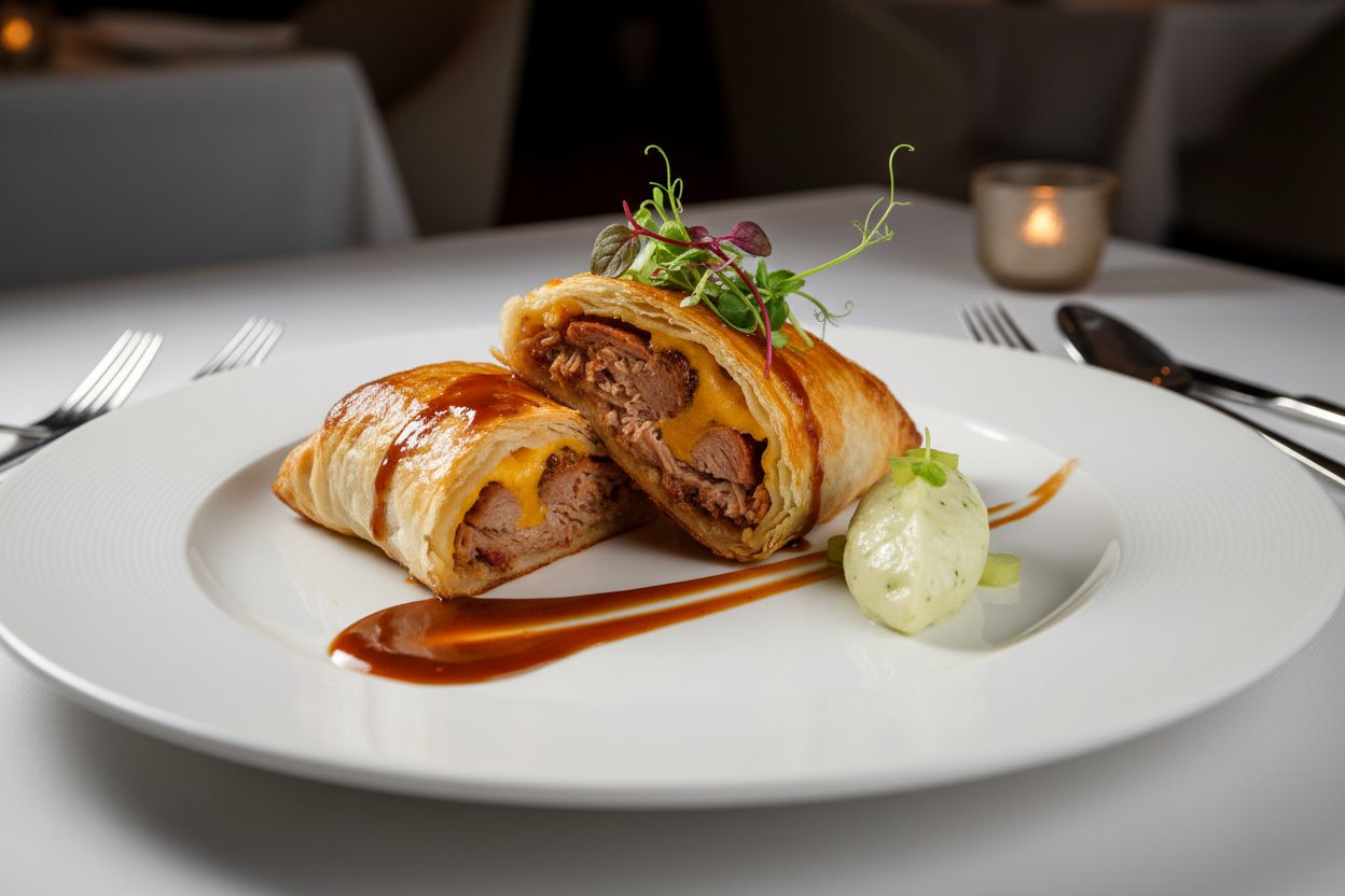 Baluchon de porc effiloché BBQ whisky au cheddar en pâte phyllo dorée, dressé dans une assiette gastronomique style restaurant étoilé
