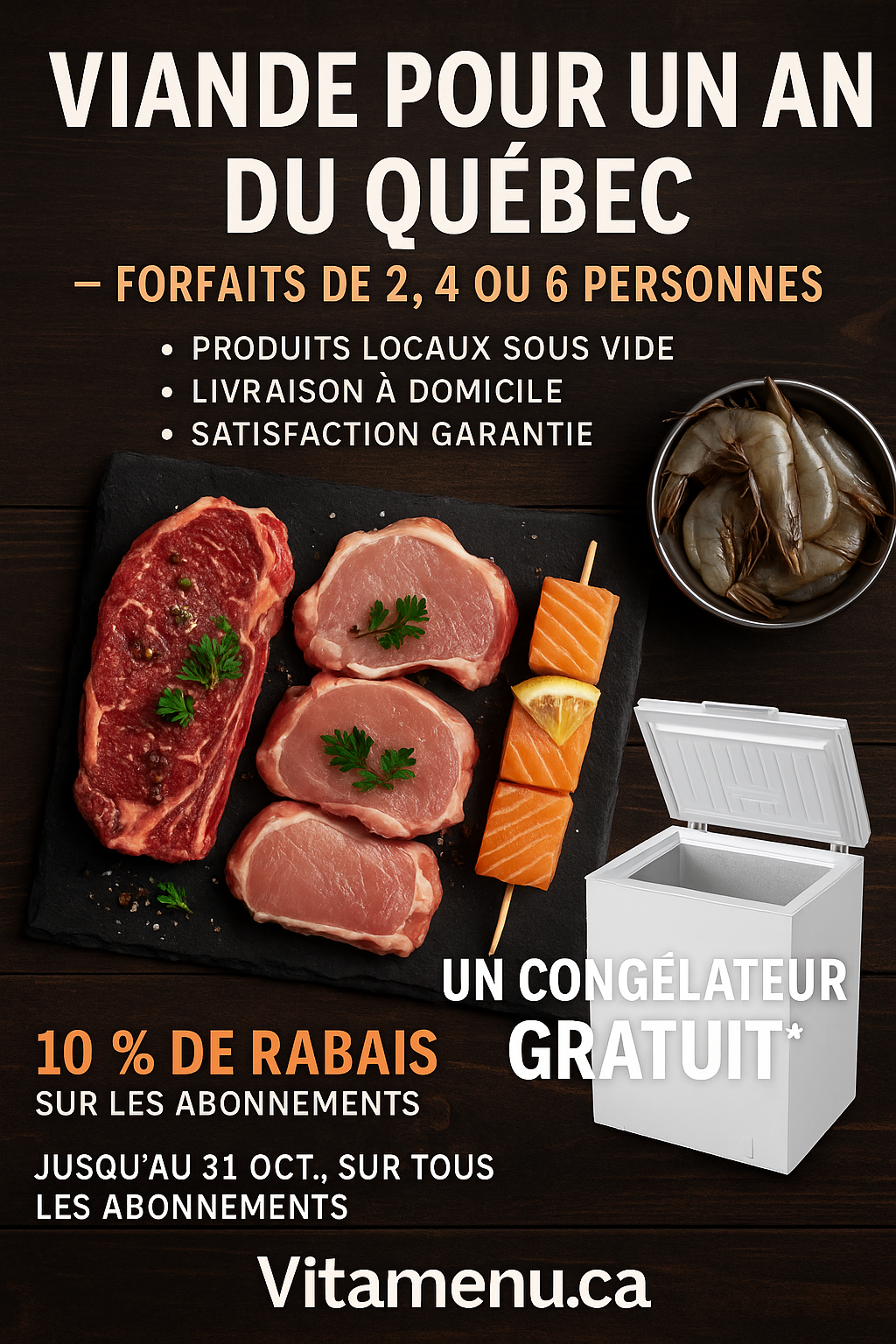 Forfait viande du Québec 1 an – boucherie, poissonnerie et épicerie en ligne – livraison à domicile, produits locaux sous vide, congélateur gratuit et rabais 10 % | Vitamenu.ca