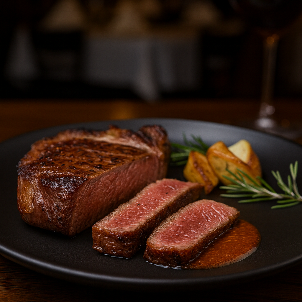 Steak de bœuf saignant du Québec servi avec sauce et pommes de terre — viande locale livrée à domicile | Vitamenu.ca
