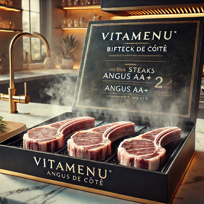 Coffret de biftecks Angus AA+ VitaMenu — viandes de qualité supérieure présentées dans une boîte noire luxueuse, ambiance cuisine gastronomique moderne.