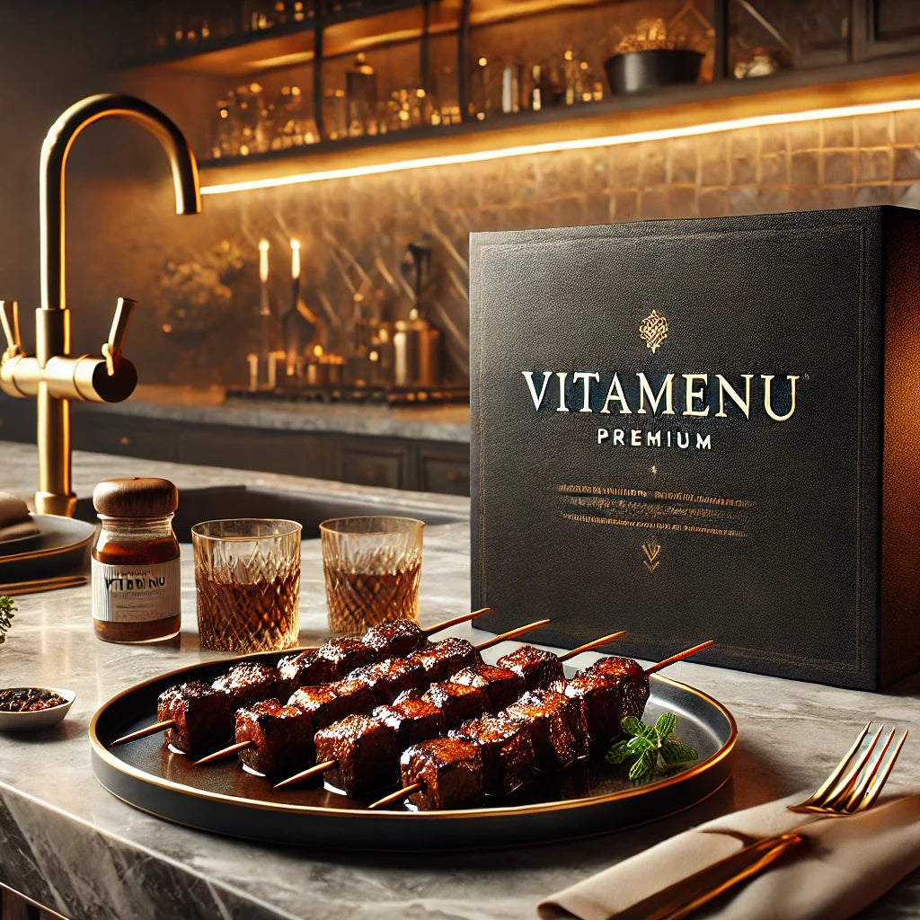Coffret gastronomique VitaMenu Premium — repas gourmet présenté dans une cuisine moderne avec brochettes et whisky, ambiance élégante et chaleureuse.