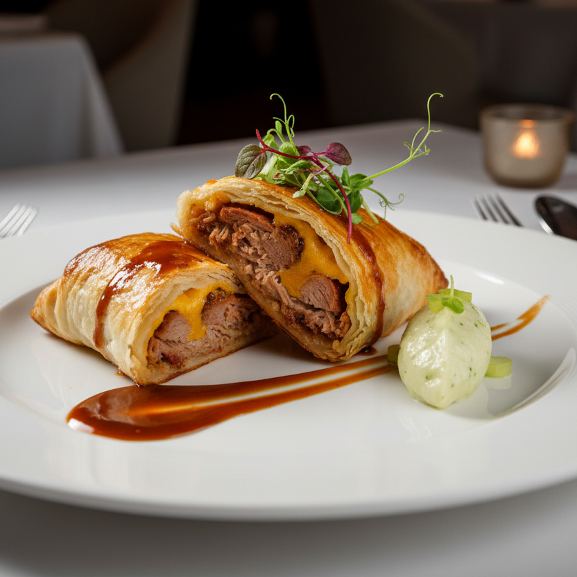 Baluchon de porc effiloché BBQ Whisky au cheddar en pâte phyllo – Demi-boîte (5 x 227 g)