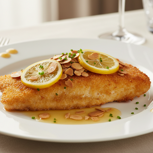 Vitamenu vous offres une succulante sole amandine avec essence de citron et ciboulette 

