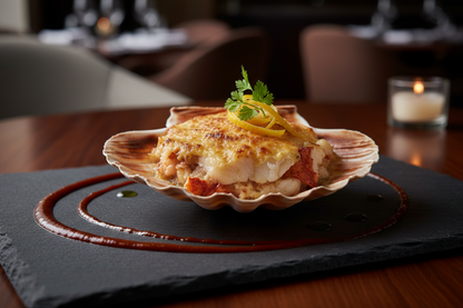 Coquille de homard et doré du Québec gratinée, dressée sur ardoise dans une assiette gastronomique style restaurant étoilé